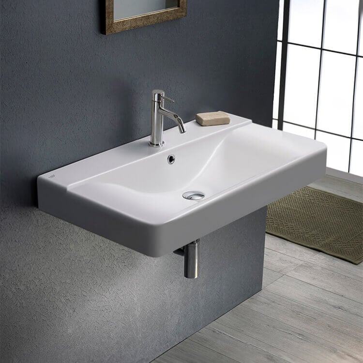 CeraStyle 069400-U-One Hole Rectangular White Ceramic Wall Mounted or Drop In Bathroom Sink